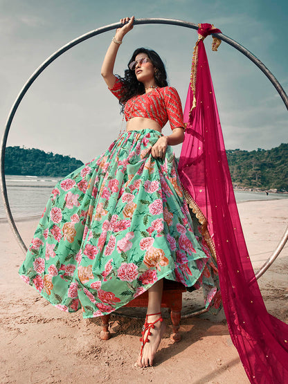 Myra Sky Blue Art Silk Printed & Embroidered Lehenga - Distacart