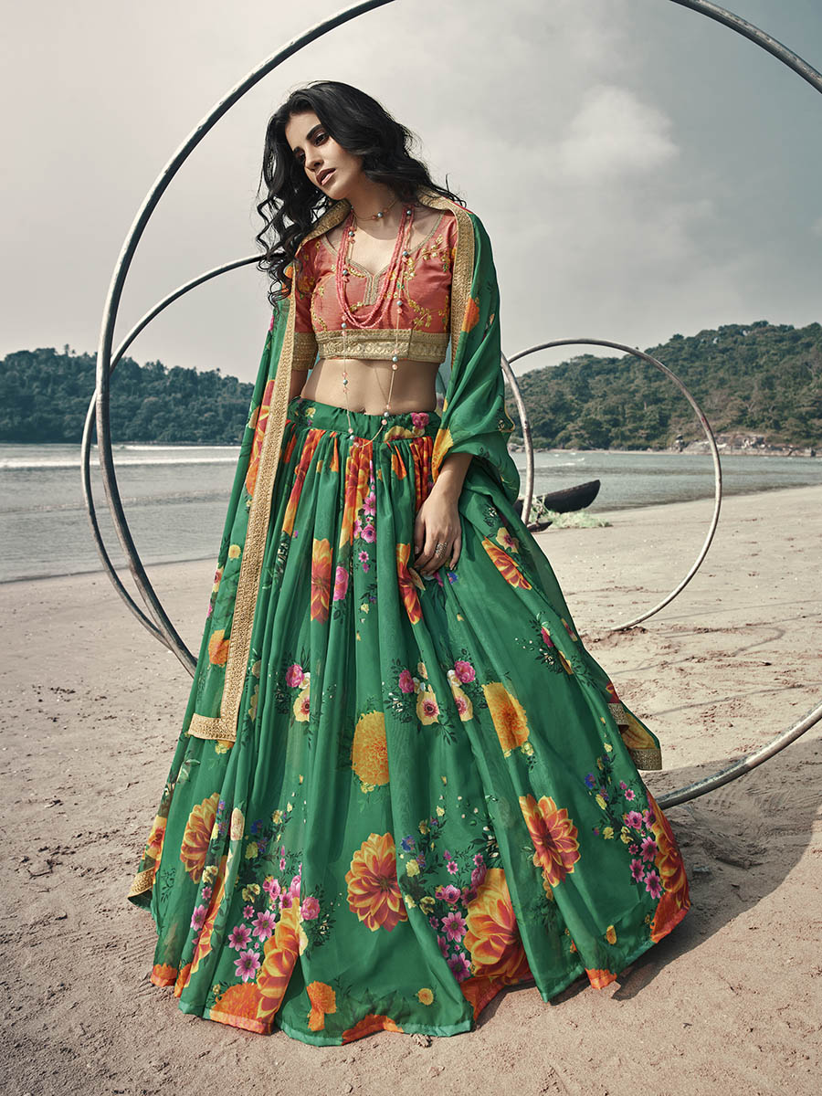 Myra Rama Green Organza Printed & Embroidered Lehenga - Distacart