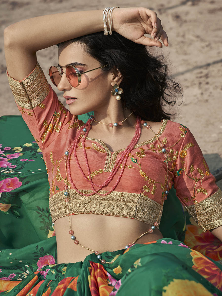 Myra Rama Green Organza Printed & Embroidered Lehenga - Distacart