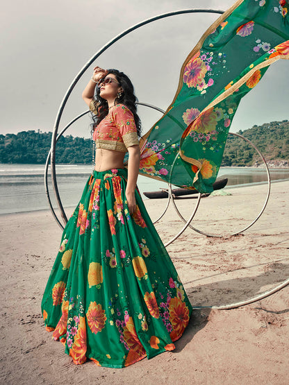Myra Rama Green Organza Printed & Embroidered Lehenga - Distacart