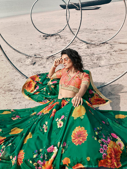 Myra Rama Green Organza Printed & Embroidered Lehenga - Distacart