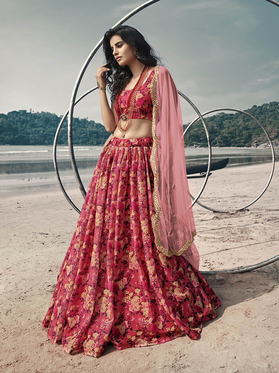 Myra Gajeri Red Organza Printed Lehenga - Distacart