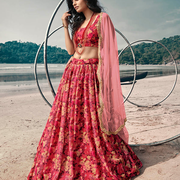 Myra Gajeri Red Organza Printed Lehenga - Distacart