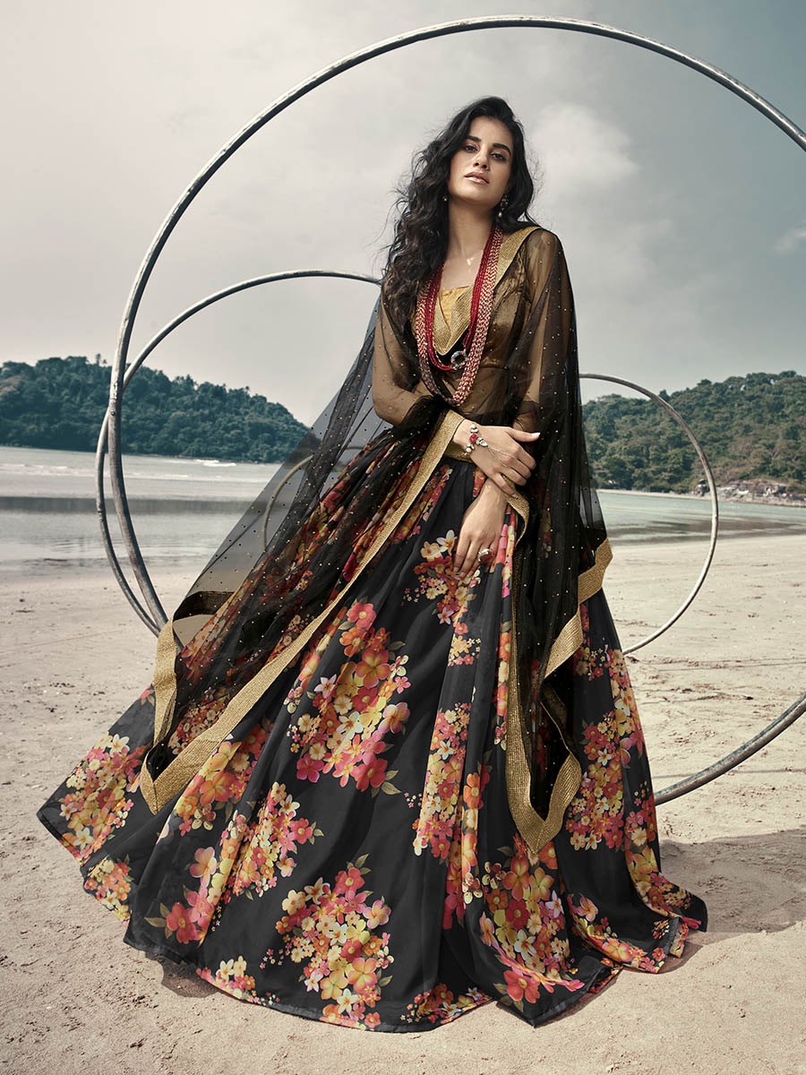 Myra Black Organza Printed Lehenga - Distacart