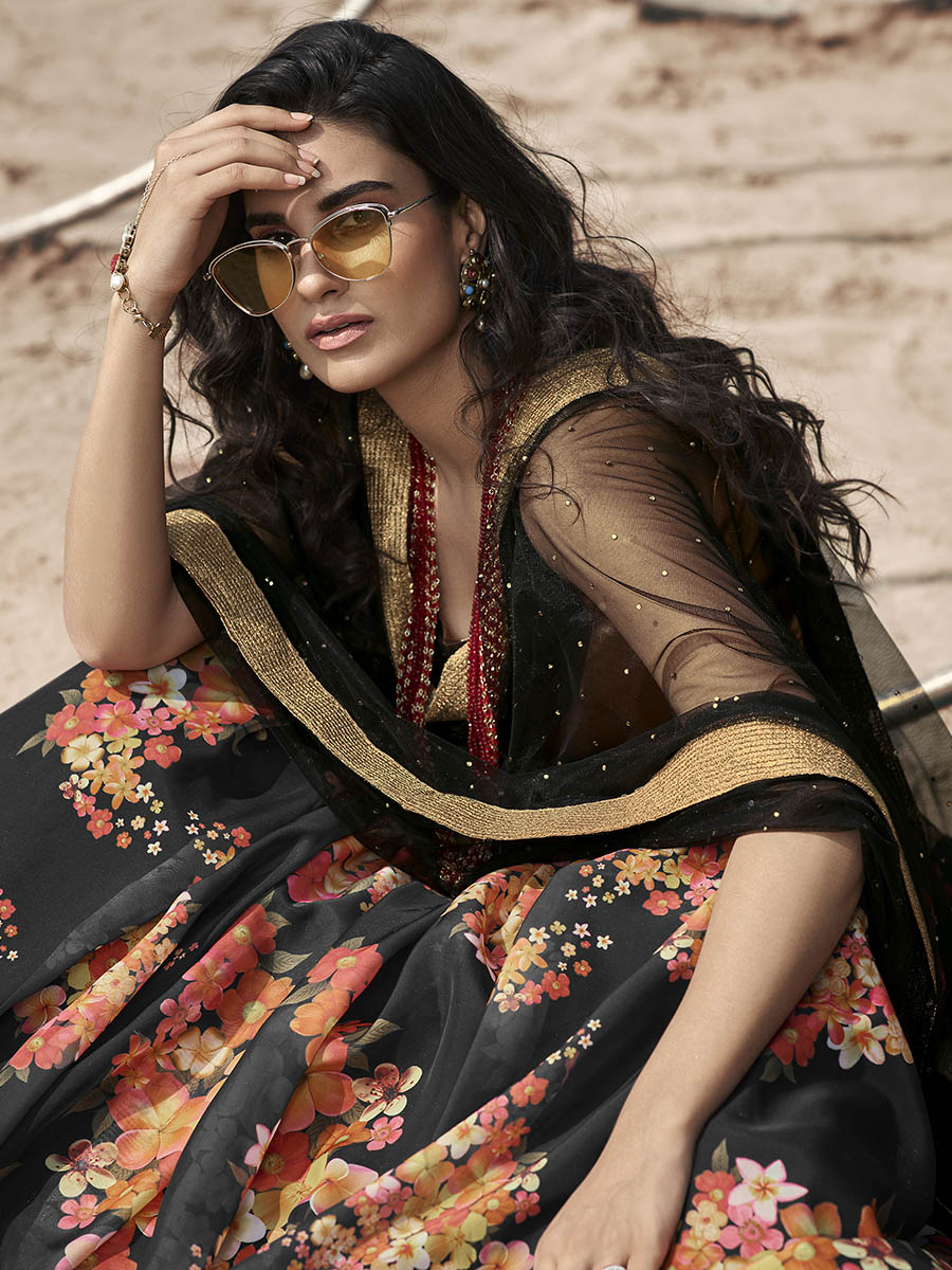 Myra Black Organza Printed Lehenga - Distacart