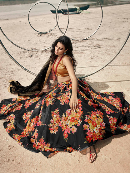 Myra Black Organza Printed Lehenga - Distacart