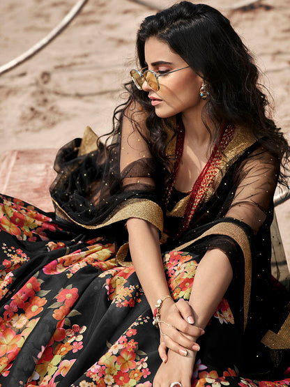 Myra Black Organza Printed Lehenga - Distacart