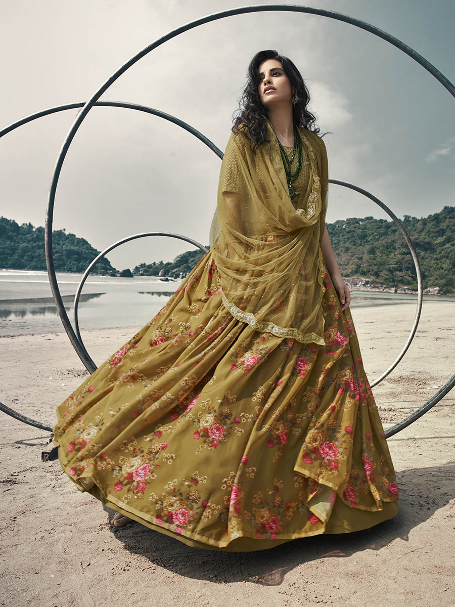 Myra Olive Green Organza Printed & Embroidered Lehenga - Distacart