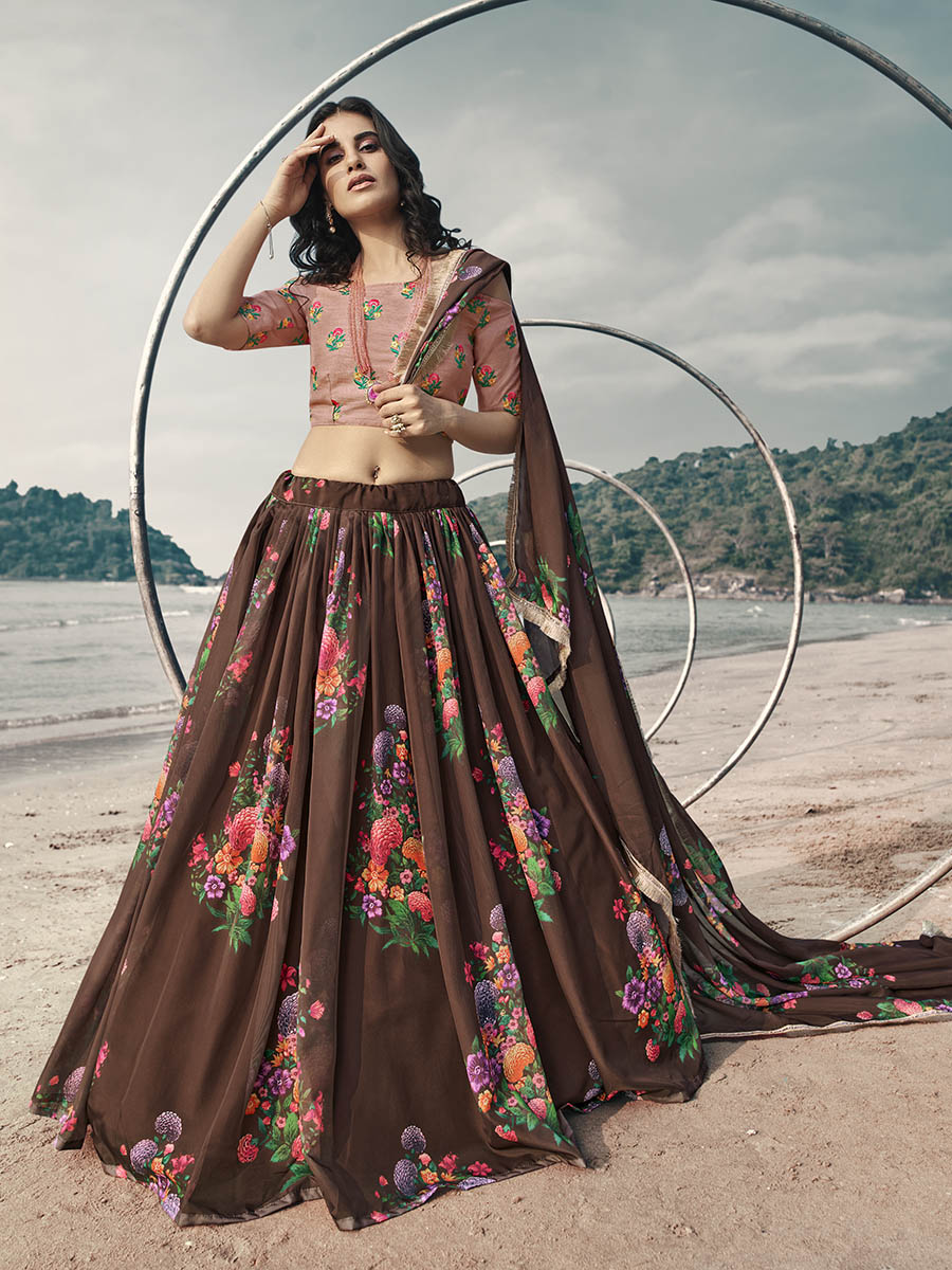 Myra Pink Organza Printed & Embroidered Lehenga - Distacart