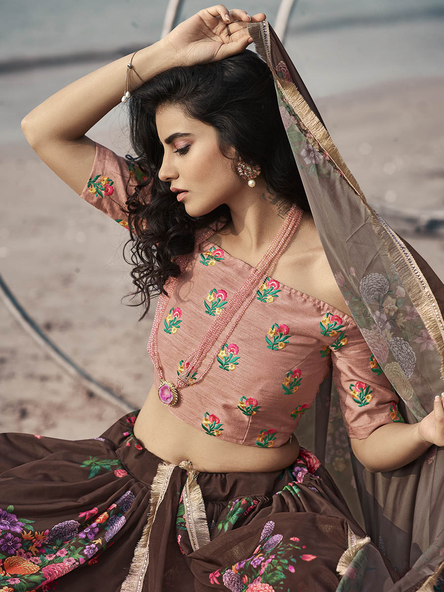 Myra Pink Organza Printed & Embroidered Lehenga - Distacart
