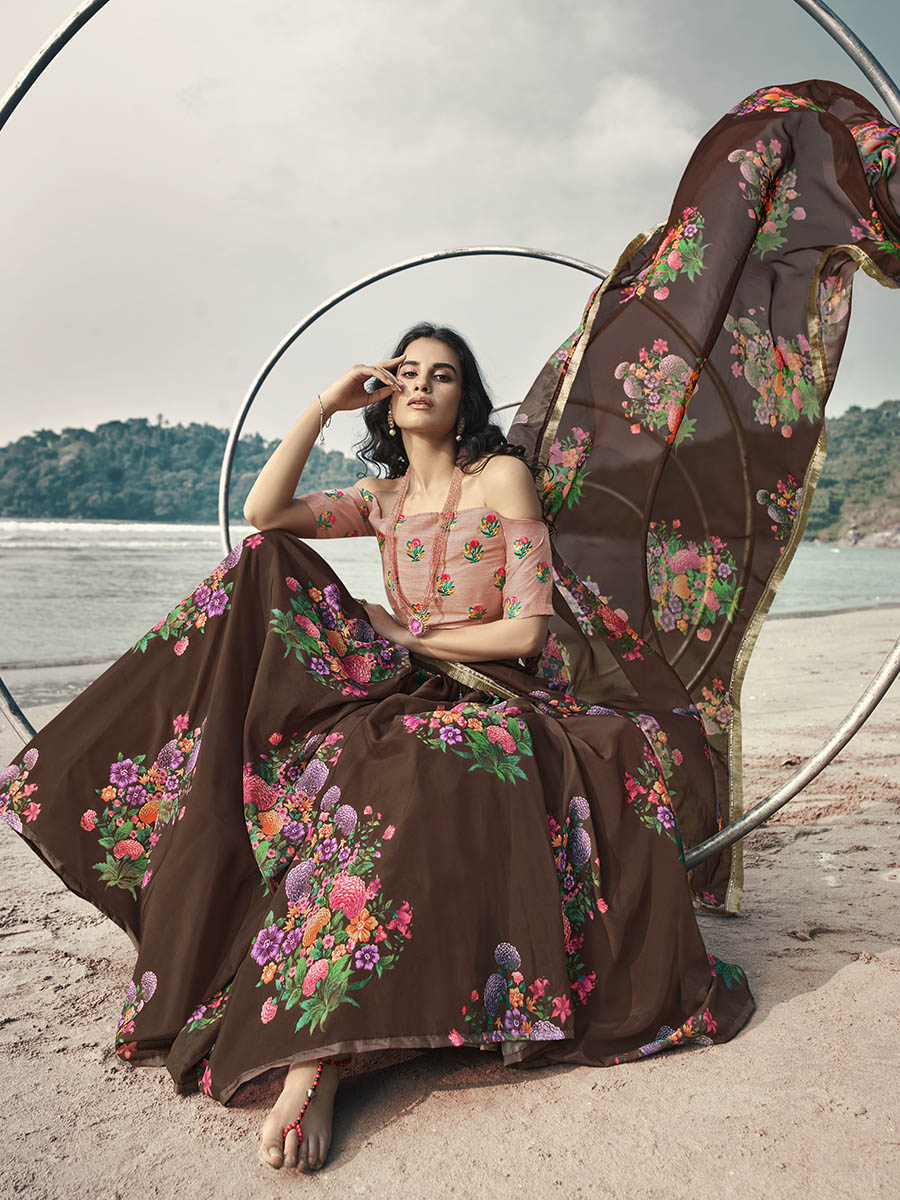 Myra Pink Organza Printed & Embroidered Lehenga - Distacart