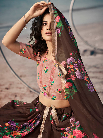 Myra Pink Organza Printed & Embroidered Lehenga - Distacart