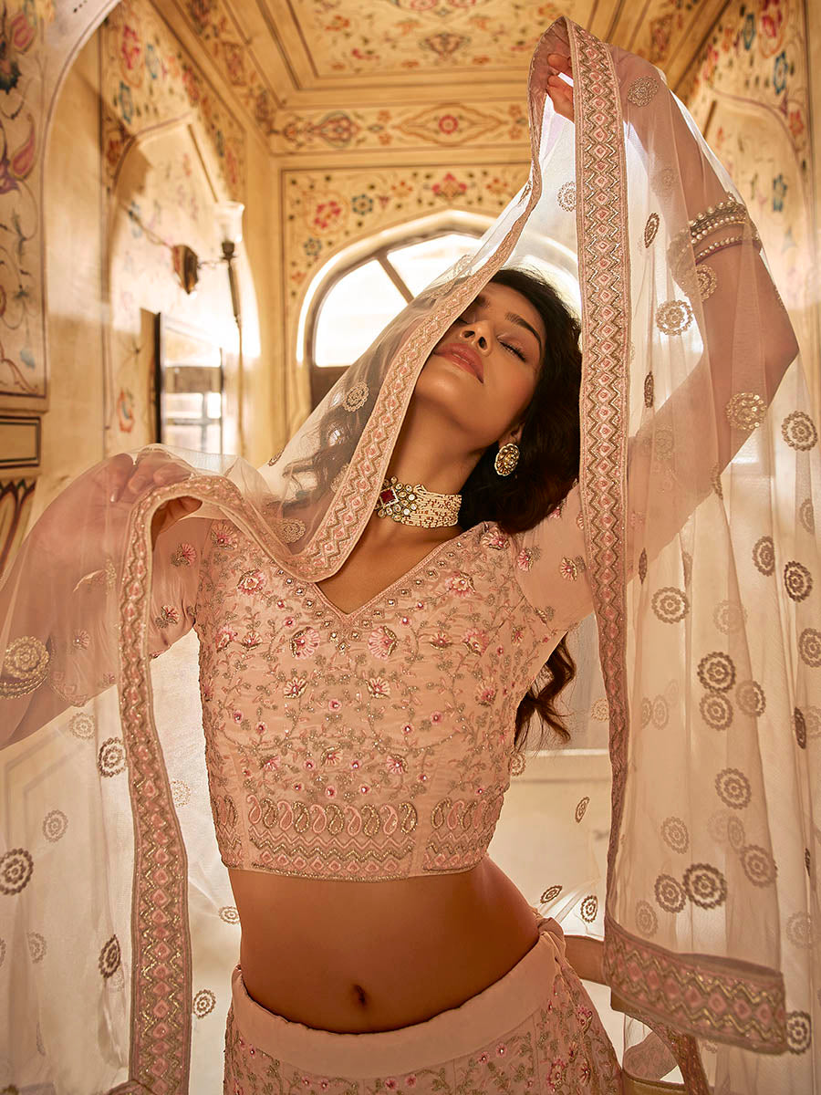 Myra Peach Crepe Embroidered Lehenga - Distacart