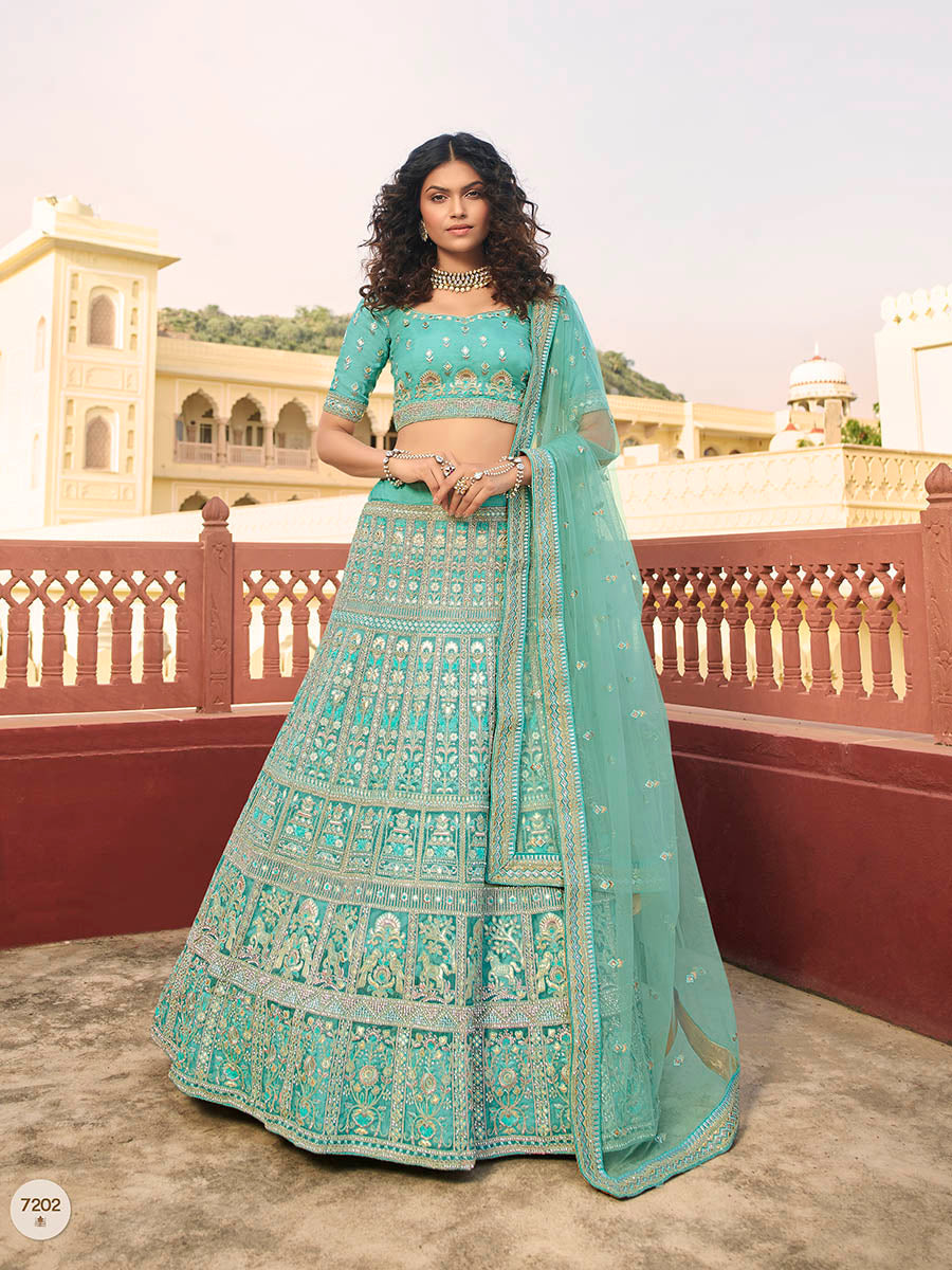 Myra Turquoise Organza Embroidered Lehenga - Distacart
