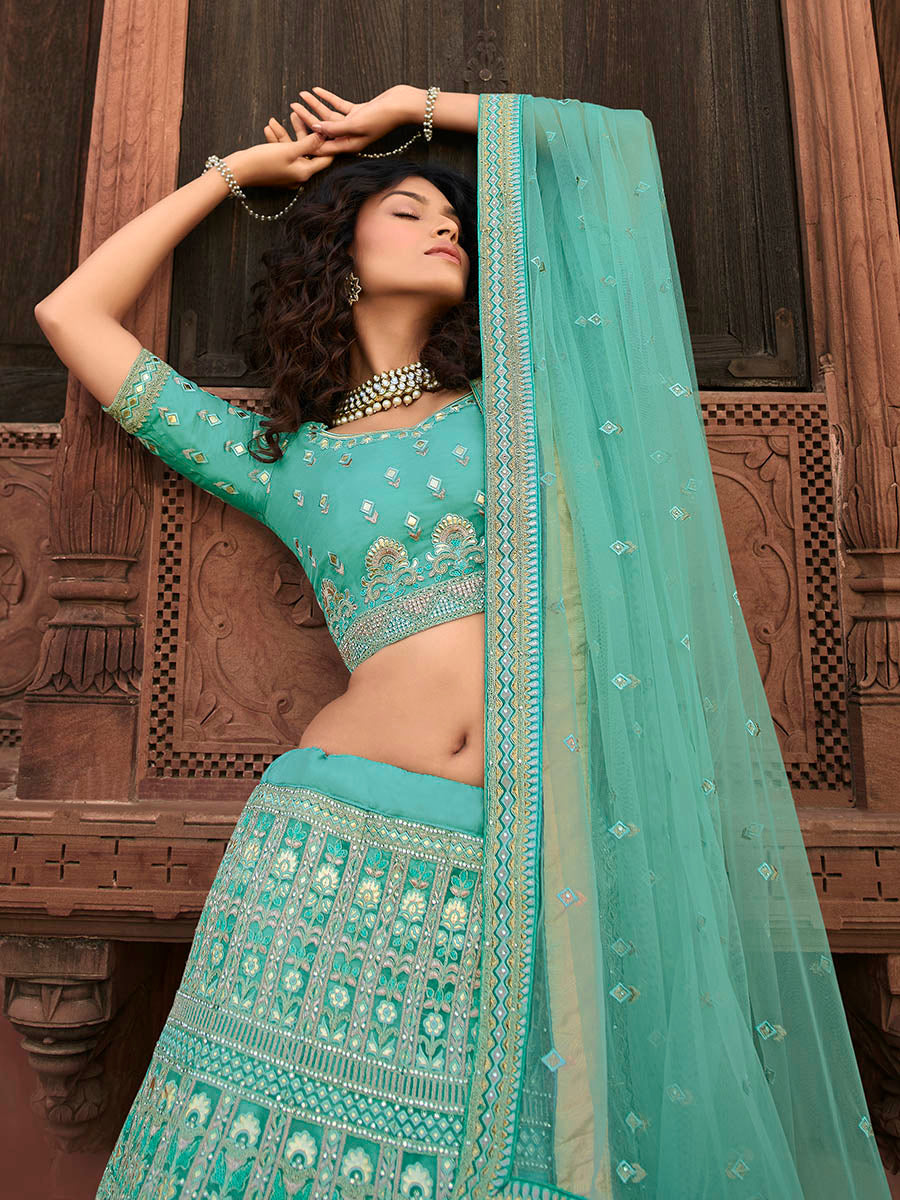 Myra Turquoise Organza Embroidered Lehenga - Distacart