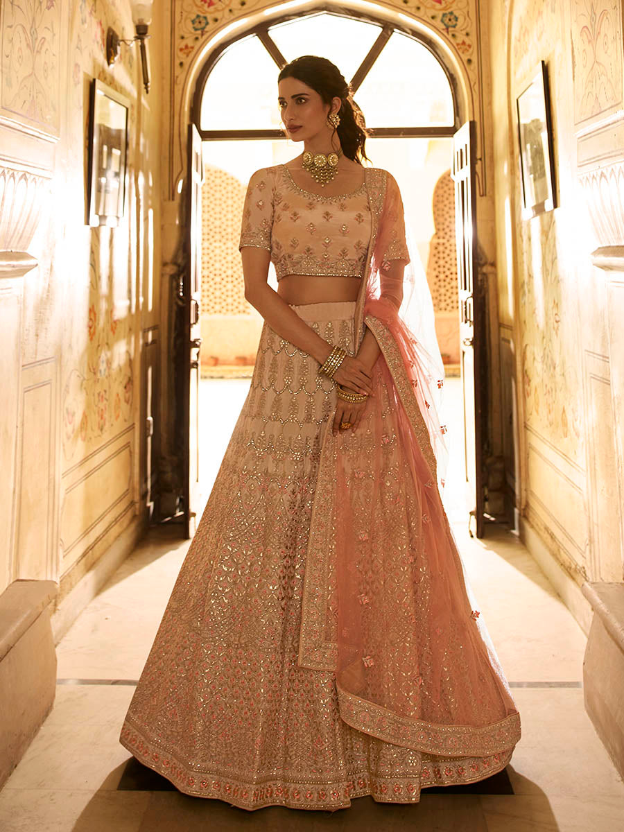 Myra Peach Crepe Embroidered Lehenga - Distacart