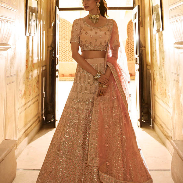 Myra Peach Crepe Embroidered Lehenga - Distacart