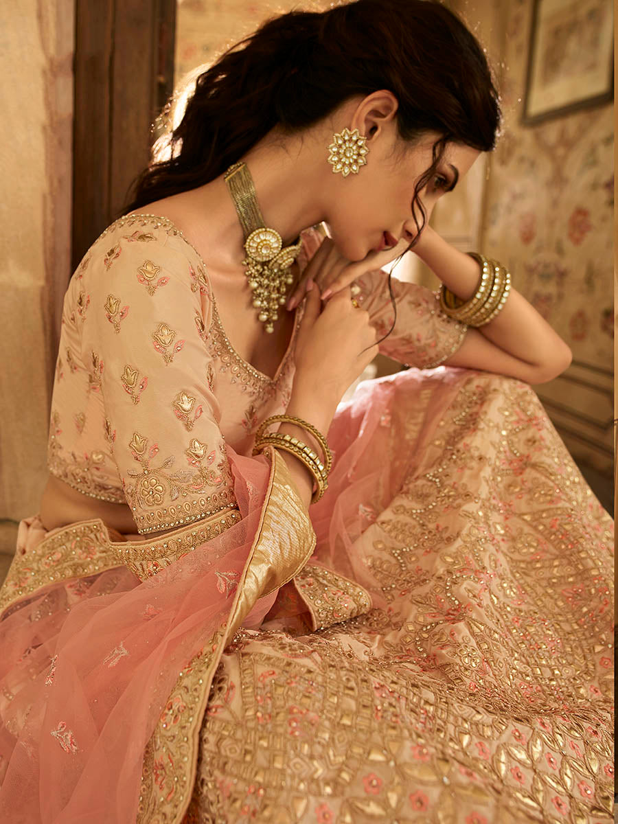 Myra Peach Crepe Embroidered Lehenga - Distacart