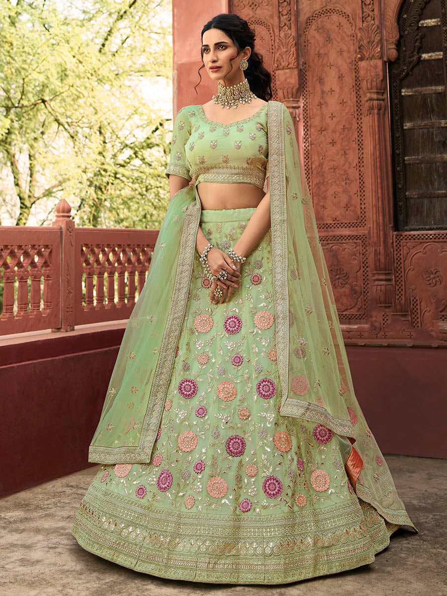 Myra Pista Green Organza Embroidered Lehenga - Distacart