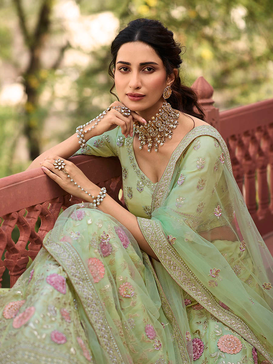 Myra Pista Green Organza Embroidered Lehenga - Distacart