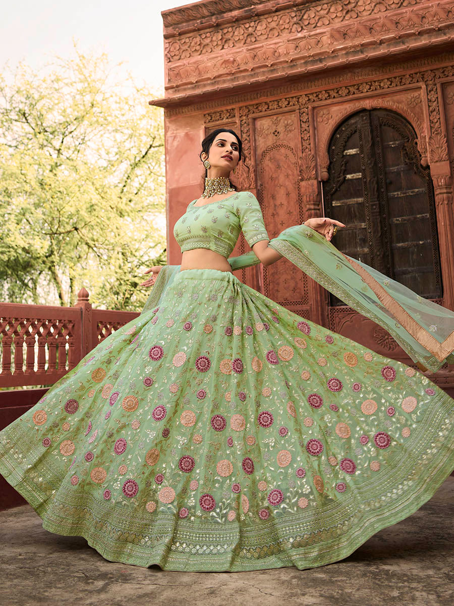 Myra Pista Green Organza Embroidered Lehenga - Distacart