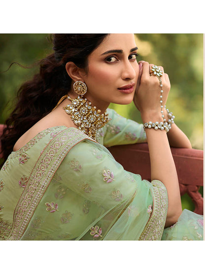 Myra Pista Green Organza Embroidered Lehenga - Distacart