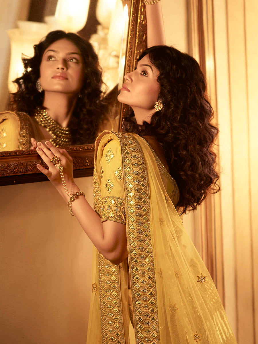 Myra Yellow Organza Embroidered Lehenga - Distacart