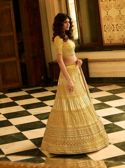 Myra Yellow Organza Embroidered Lehenga - Distacart