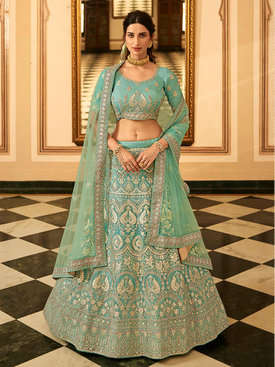 Myra Turquoise Organza Embroidered Lehenga - Distacart