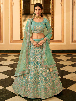 Myra Turquoise Organza Embroidered Lehenga - Distacart