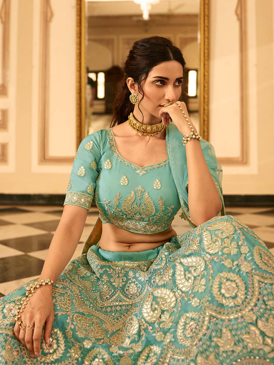 Myra Turquoise Organza Embroidered Lehenga - Distacart