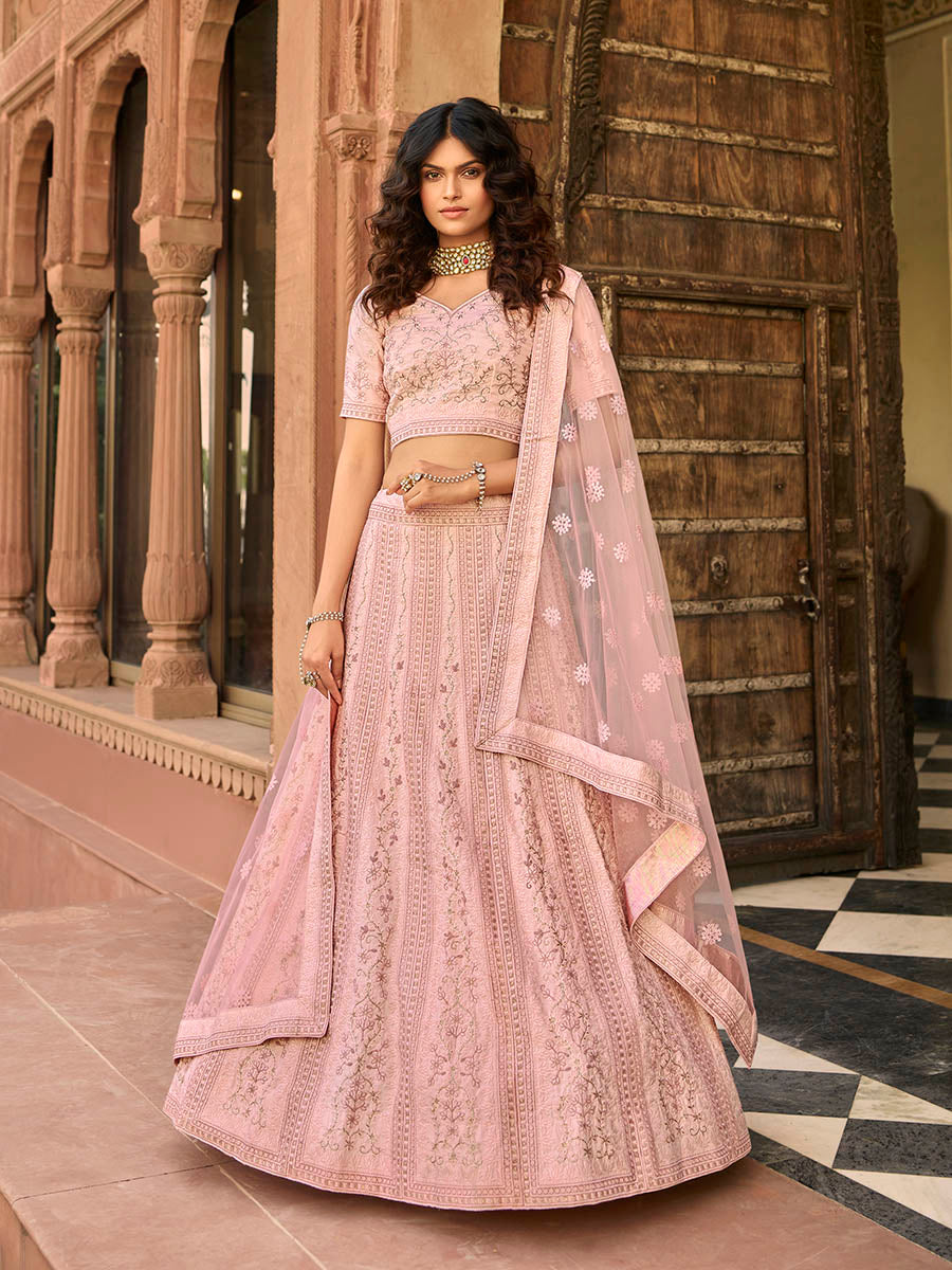 Myra Baby Pink Organza Embroidered Lehenga - Distacart