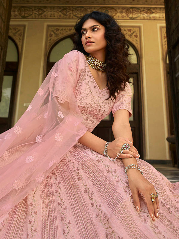 Myra Baby Pink Organza Embroidered Lehenga - Distacart