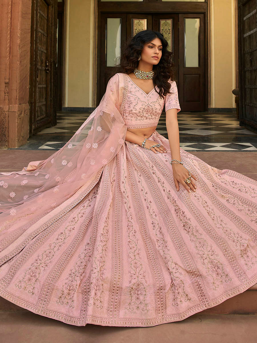 Myra Baby Pink Organza Embroidered Lehenga - Distacart