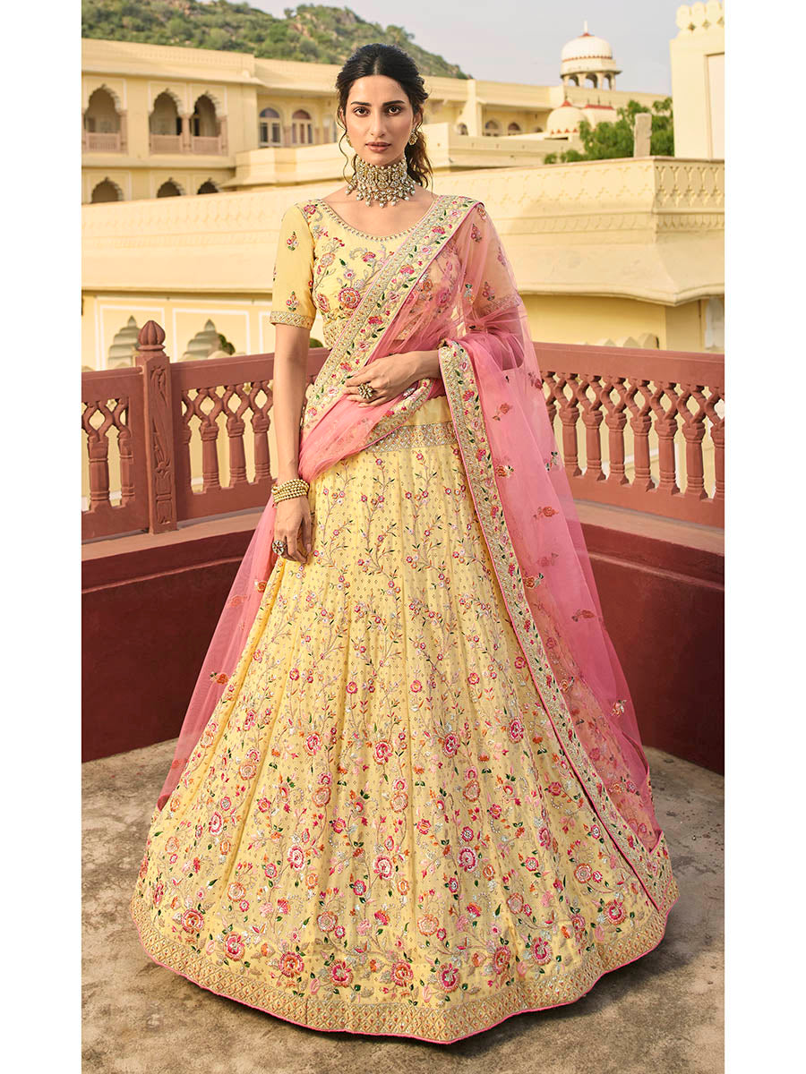 Myra Yellow Organza Embroidered Lehenga - Distacart