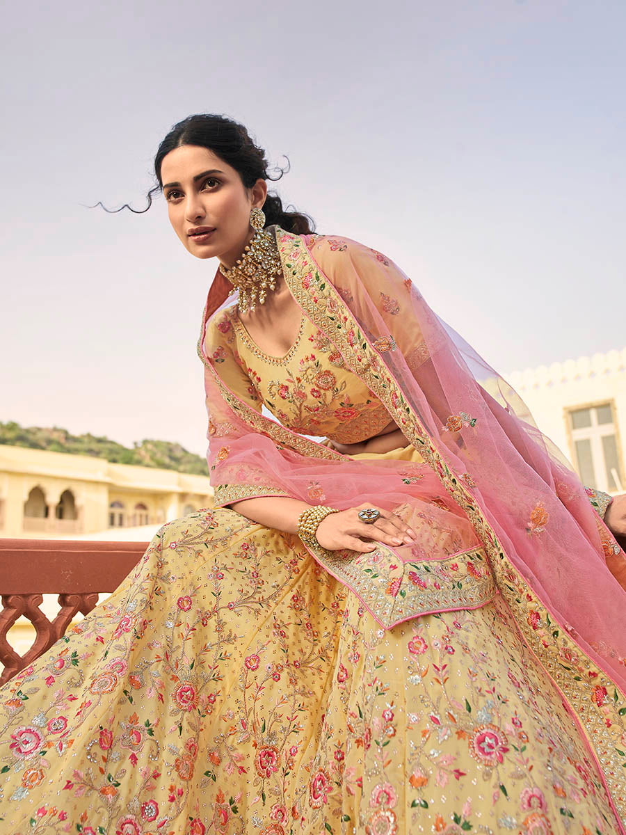Myra Yellow Organza Embroidered Lehenga - Distacart