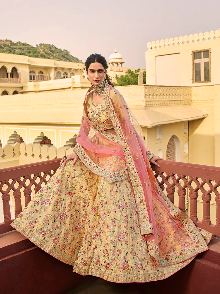 Myra Yellow Organza Embroidered Lehenga - Distacart