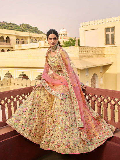 Myra Yellow Organza Embroidered Lehenga - Distacart