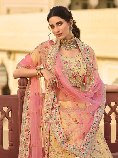 Myra Yellow Organza Embroidered Lehenga - Distacart