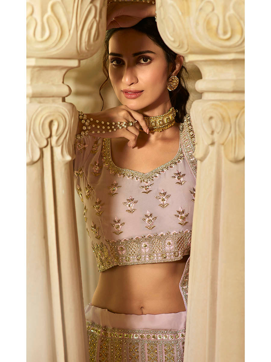 Myra Pink Organza Embroidered Lehenga - Distacart