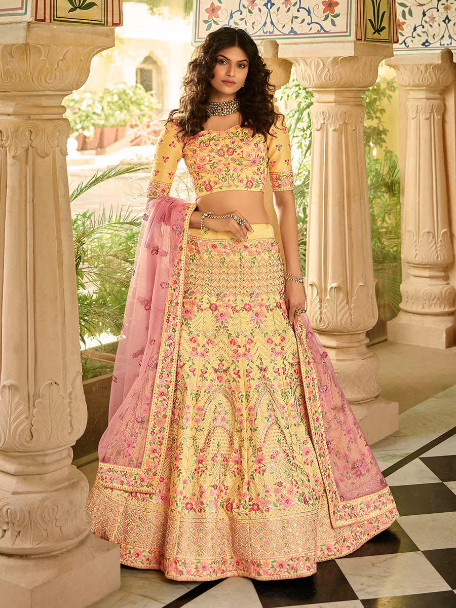 Myra Yellow Art Silk Embroidered Lehenga - Distacart