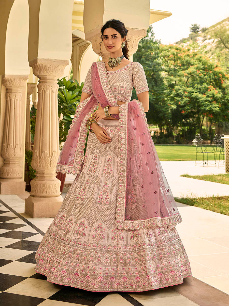Myra Peach Crepe Embroidered Lehenga - Distacart