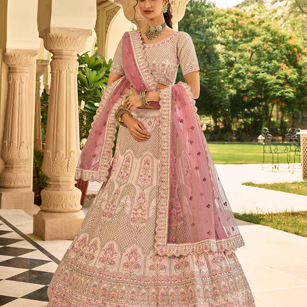 Myra Peach Crepe Embroidered Lehenga - Distacart