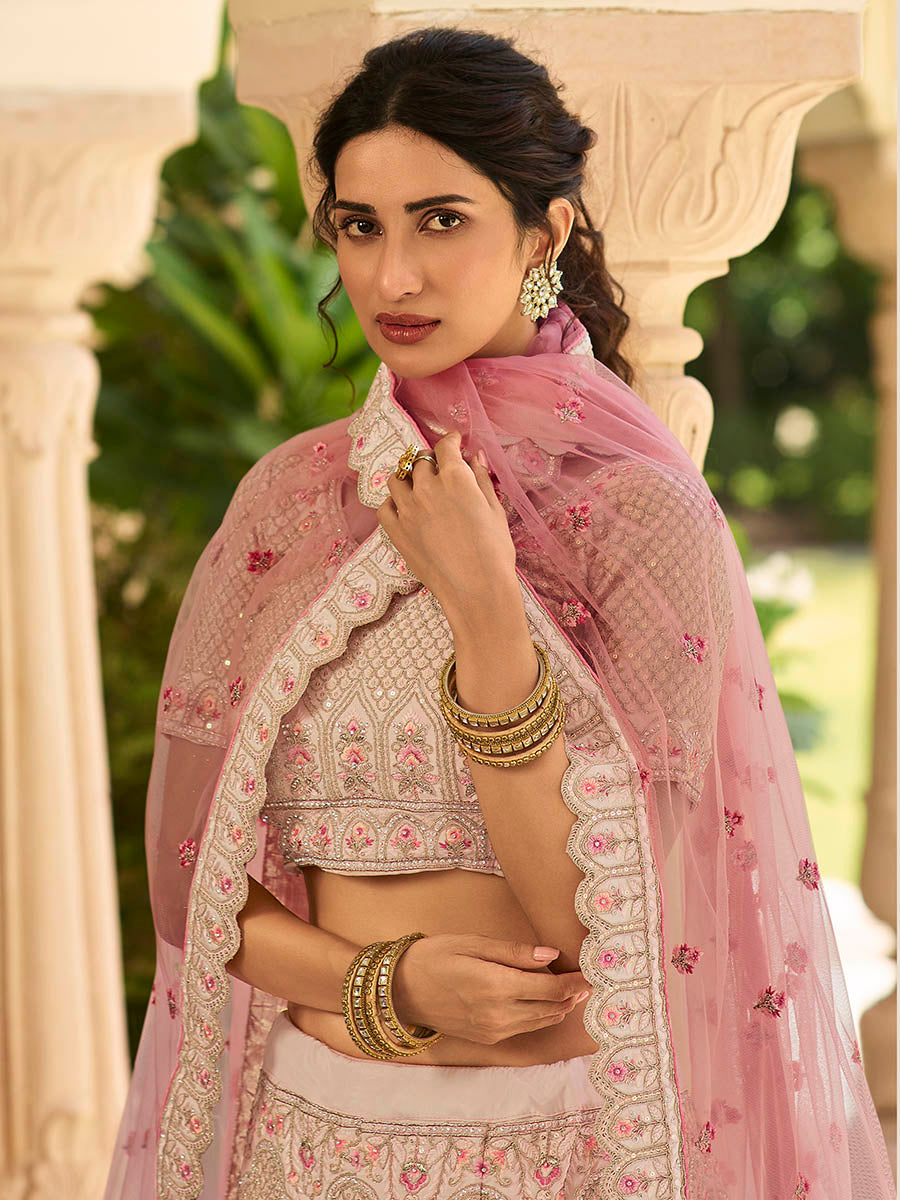 Myra Peach Crepe Embroidered Lehenga - Distacart