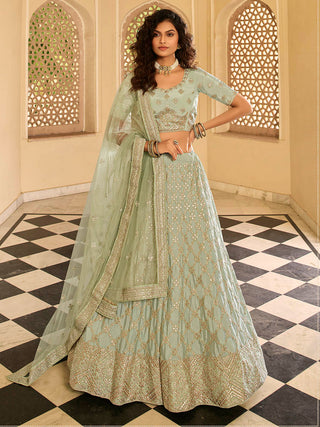 Myra Pista Green Crepe Embroidered Lehenga - Distacart