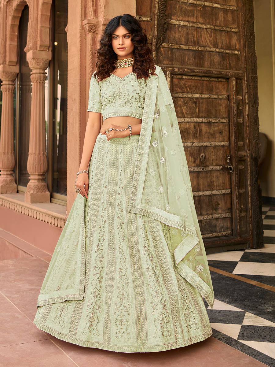 Myra Light Green Organza Embroidered Lehenga Choli - Distacart