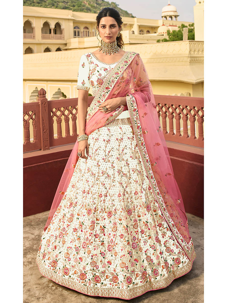 Myra Cream Organza Embroidered Lehenga Choli - Distacart