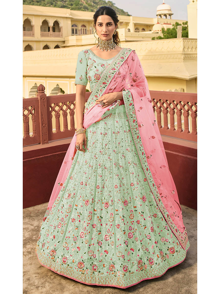 Myra Green Organza Embroidered Lehenga Choli - Distacart