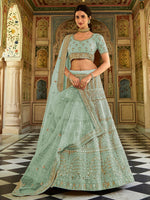 Thumbnail for Myra Sea Blue Organza Embroidered Lehenga Choli