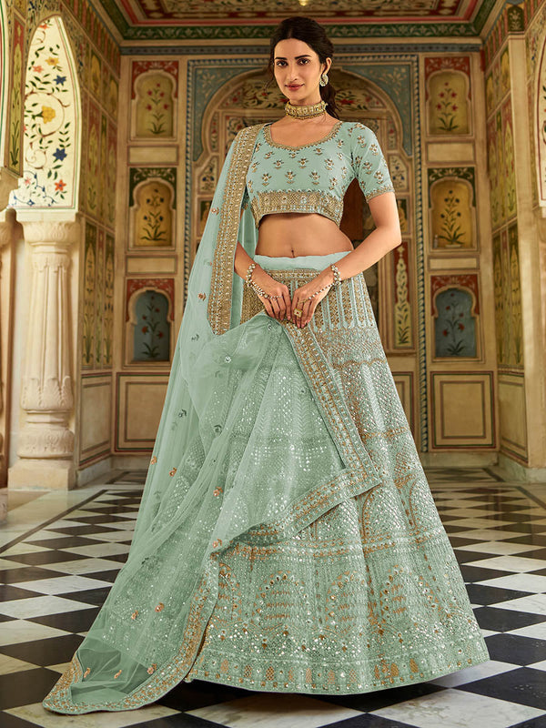 Myra Sea Blue Organza Embroidered Lehenga Choli